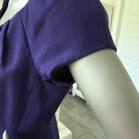 Elite Tahari Wool Purple Sheath Midi Dress Short Sleeve Back Zipper Size 4 - Picture 3 of 5